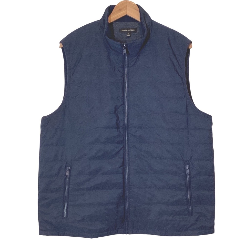 Banana Republic Mens Navy Blue Quilted Puffer Vest Full Zip Jersey Lined - Large